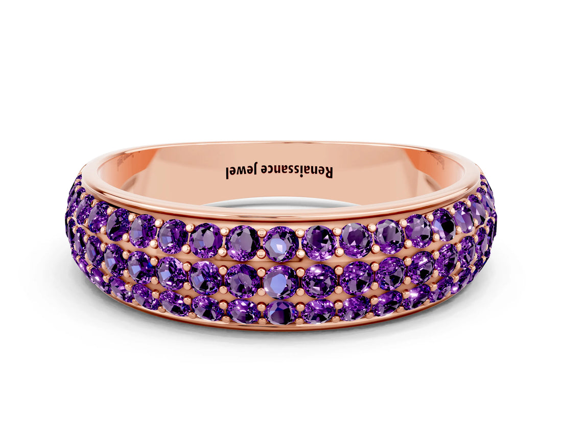 Rose gold Three-Row Round Amethyst Eternity Band with Shared Prong Setting_6