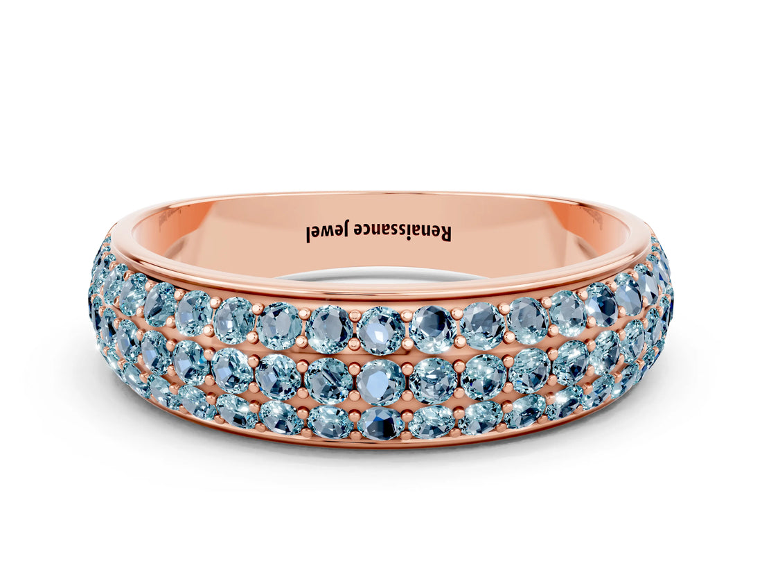 Rose gold Three-Row Round Aquamarine Eternity Band with Shared Prong Setting_6