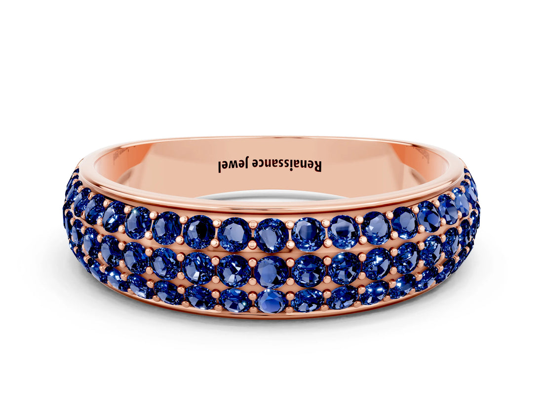 Rose gold Three-Row Round Blue Sapphire Eternity Band with Shared Prong Setting_6