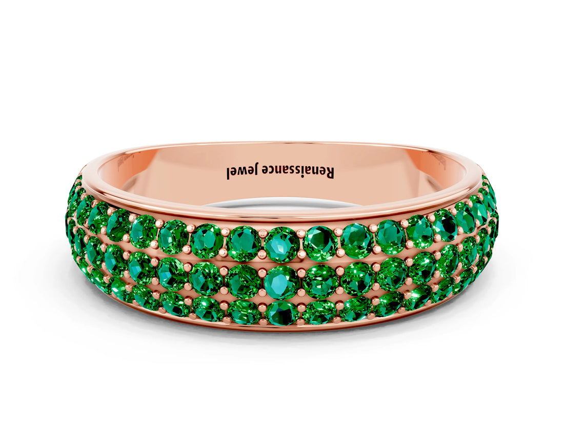 Rose gold Three-Row Round Emerald Eternity Band with Shared Prong Setting_6