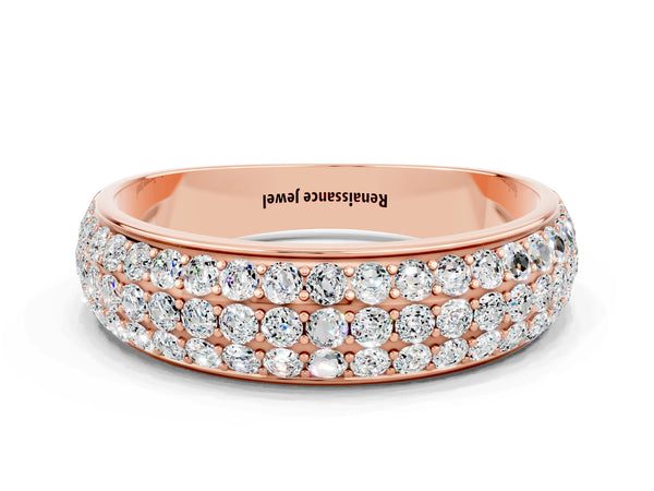 Rose Gold Round Moissanite Three Row Pave Half Eternity Wedding Band