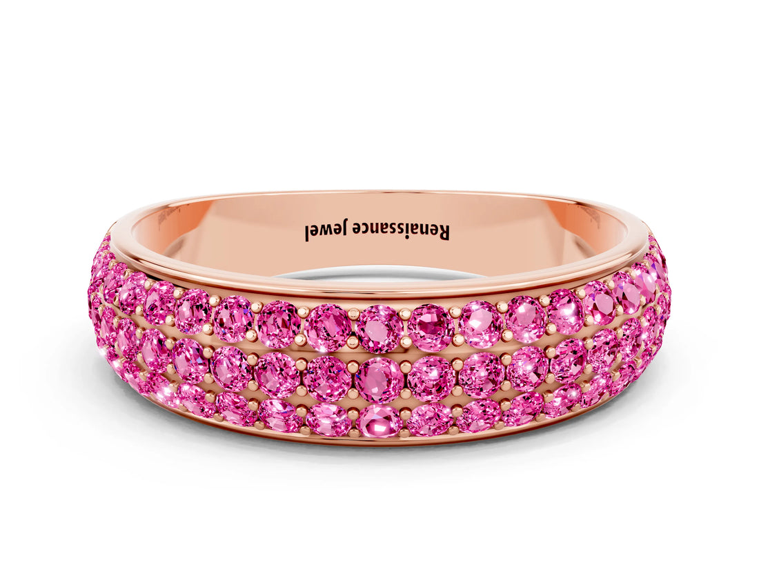 Rose gold Three-Row Round Pink Sapphire Eternity Band with Shared Prong Setting_18