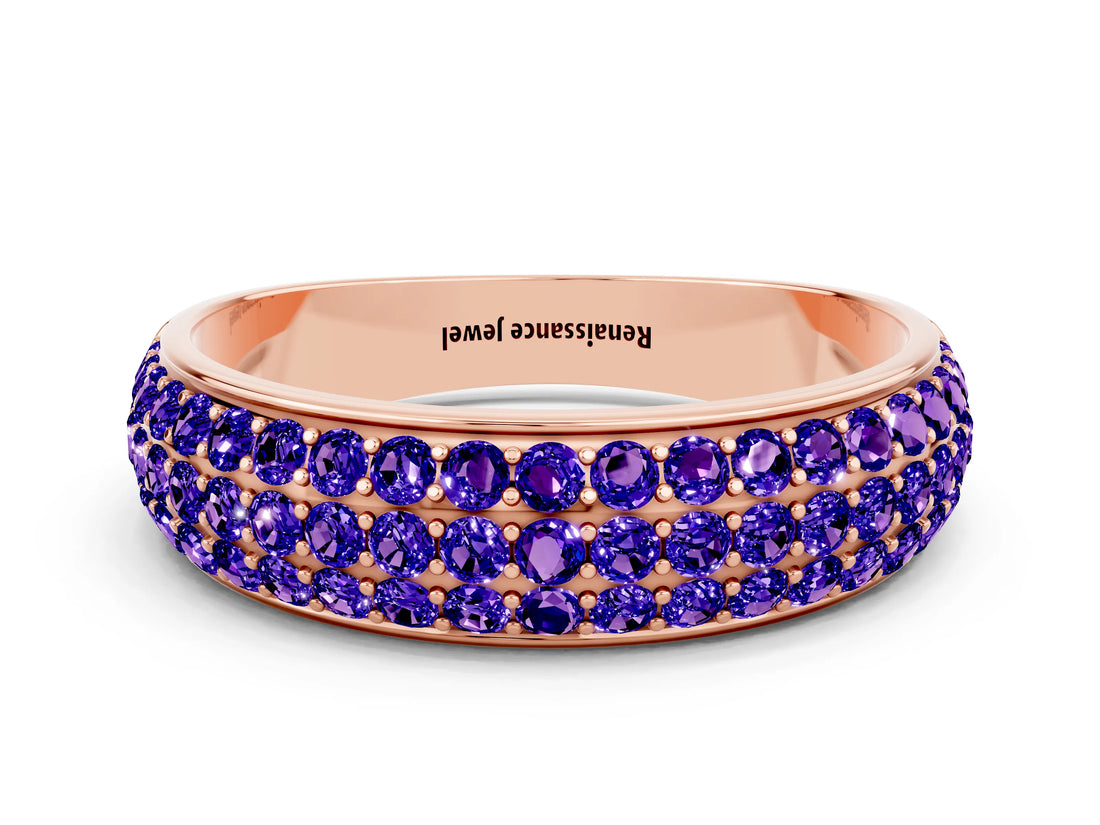 Rose gold Three-Row Round Tanzanite Eternity Band with Shared Prong Setting_6