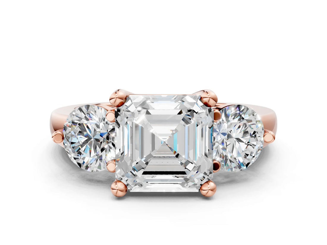 Rose gold Three-Stone Asscher Brilliant Cut Solitaire Ring with Prong Setting on a Classic Band 1