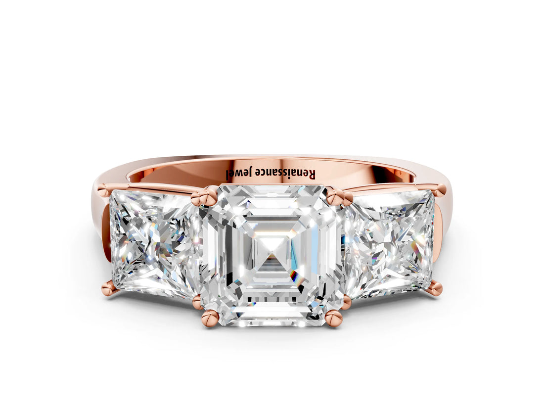 Rose gold Three-Stone Asscher Cut Brilliant Diamond Trellis Ring with Comfort Fit Band_3