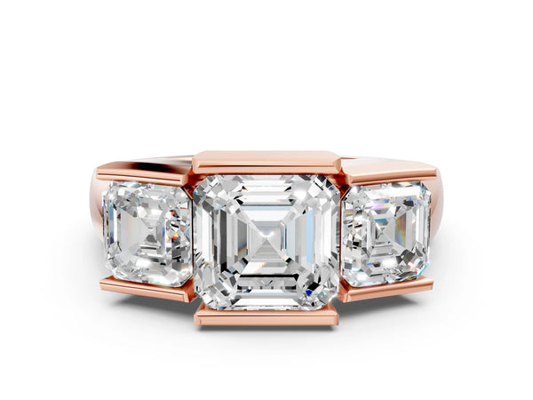 Rose Gold Asscher Cut Channel Set Three Stone Engagement Ring Setting with Wide Flat Band