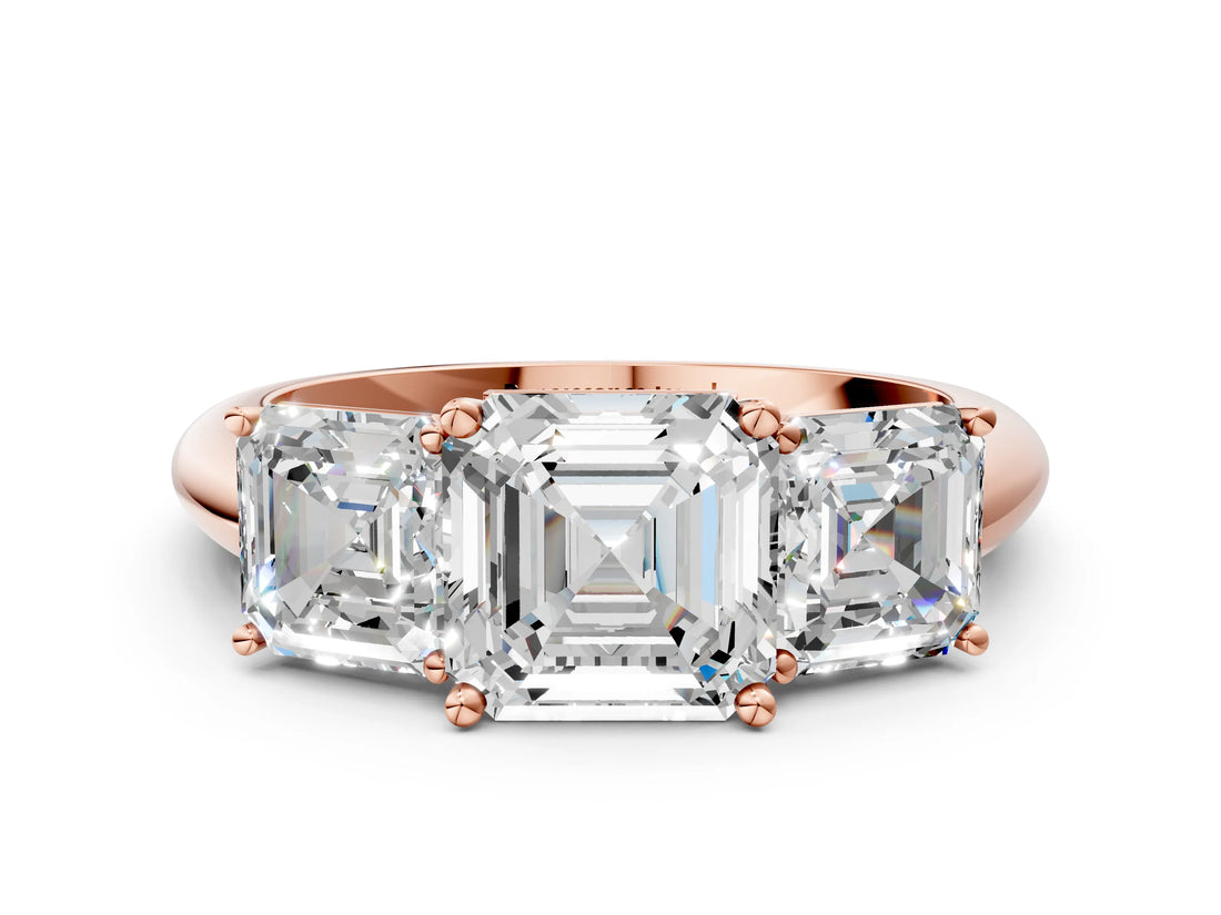 Rose gold Three-Stone Asscher Cut Cut Diamond Engagement Ring with Prong Setting on a White Gold Band_3