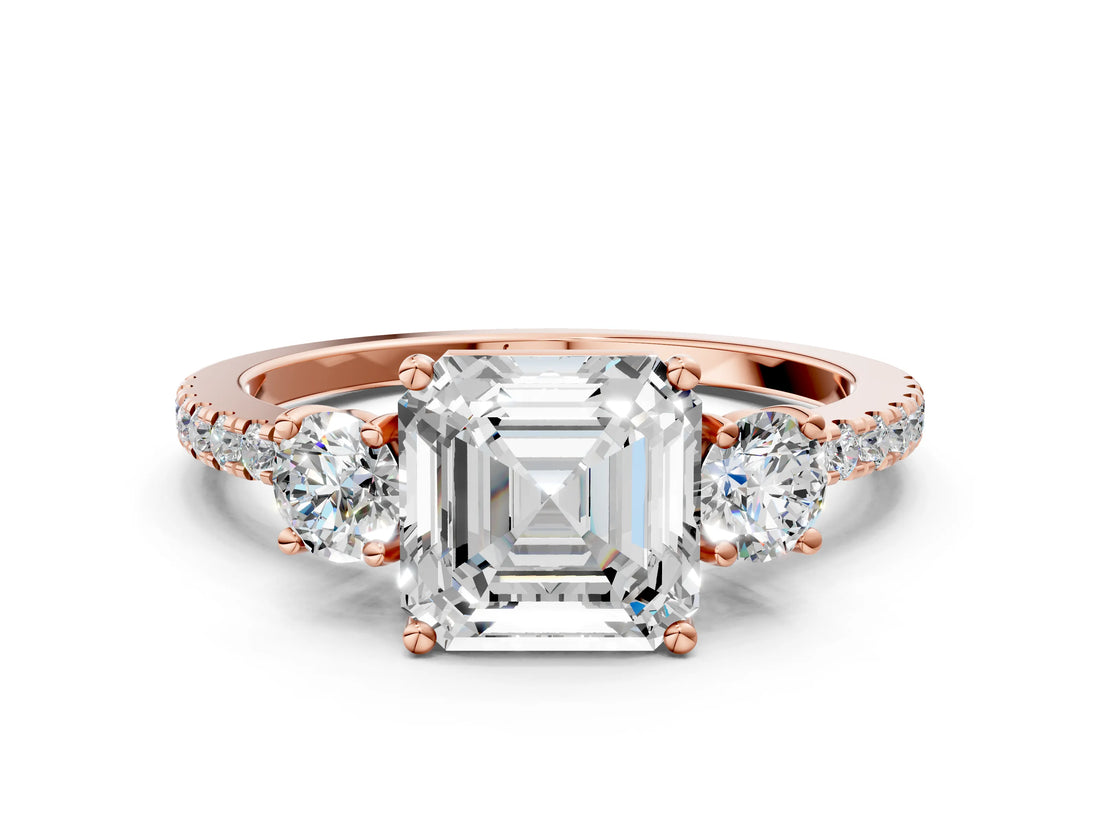 Rose gold Three-Stone Asscher Cut Cut Diamond Pavé Band with Prong Setting_15