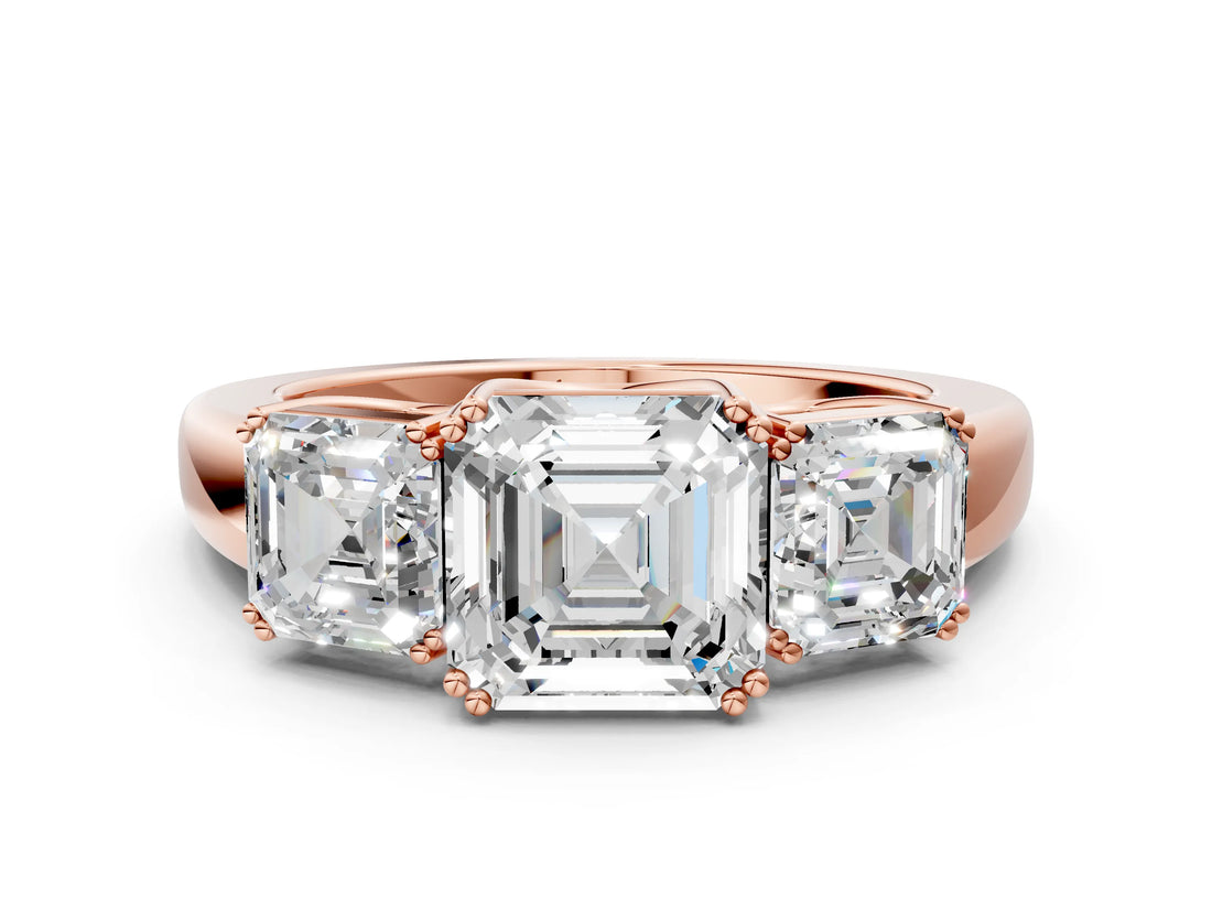 Rose gold Three-Stone Asscher Cut Cut Diamond Ring with Channel Set Band and Four-Prong Setting_31