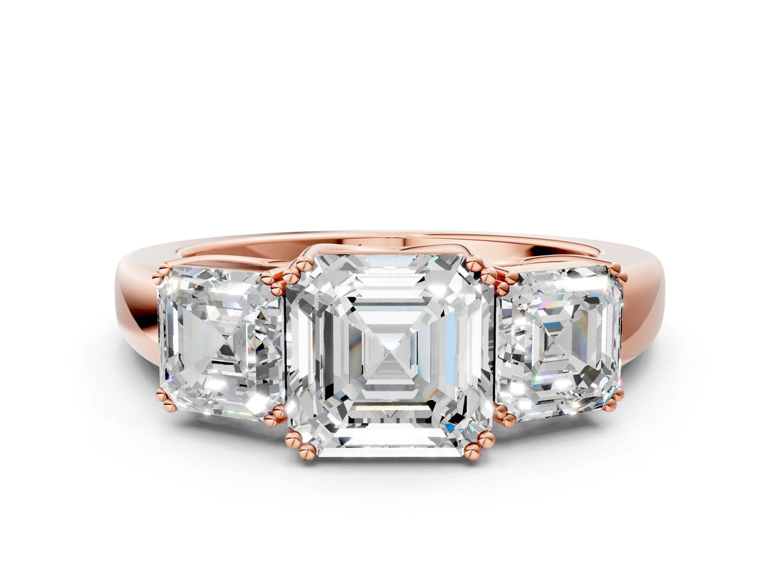 Rose gold Three-Stone Asscher Cut Cut Diamond Ring with Channel Set Band and Four-Prong Setting_7