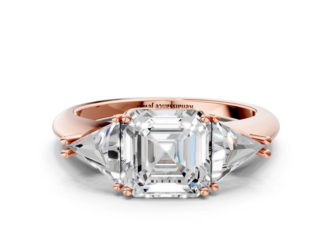 Rose gold Three-Stone Asscher Cut Cut Diamond Ring with Trillion Side Stones and Four-Prong Setting_3