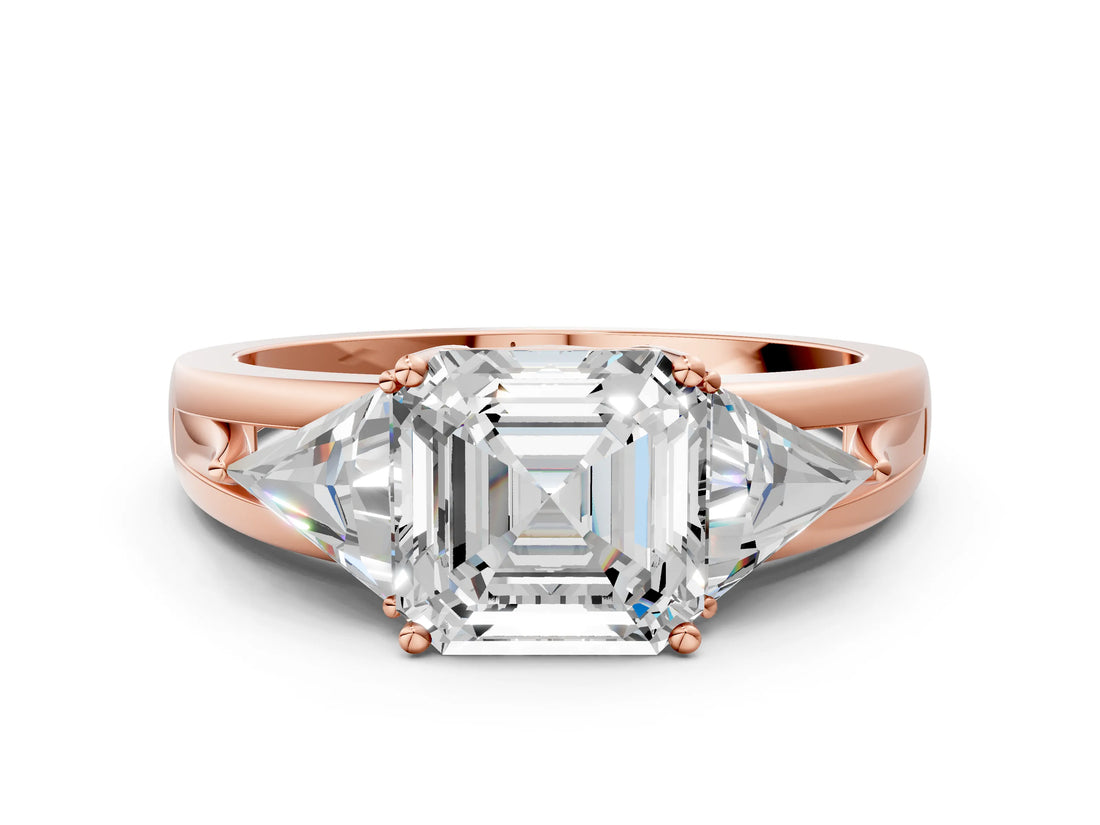 Rose gold Three-Stone Asscher Cut Cut Diamond Ring with Trillion Side Stones on a Split Shank Band_13