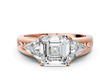 Rose gold Three-Stone Asscher Cut Cut Diamond Ring with Trillion Side Stones on a Split Shank Band_13