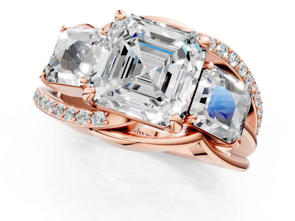 Rose Gold Asscher Cut Three Stone Engagement Ring Setting with Matching Sides and Pave Split Shank