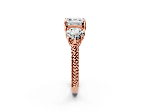 Rose Gold Asscher Cut Vintage Three Stone Engagement Ring Setting