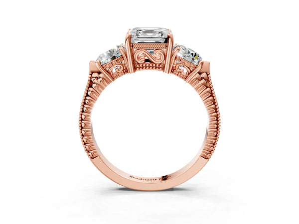 Rose Gold Asscher Cut Vintage Three Stone Engagement Ring Setting