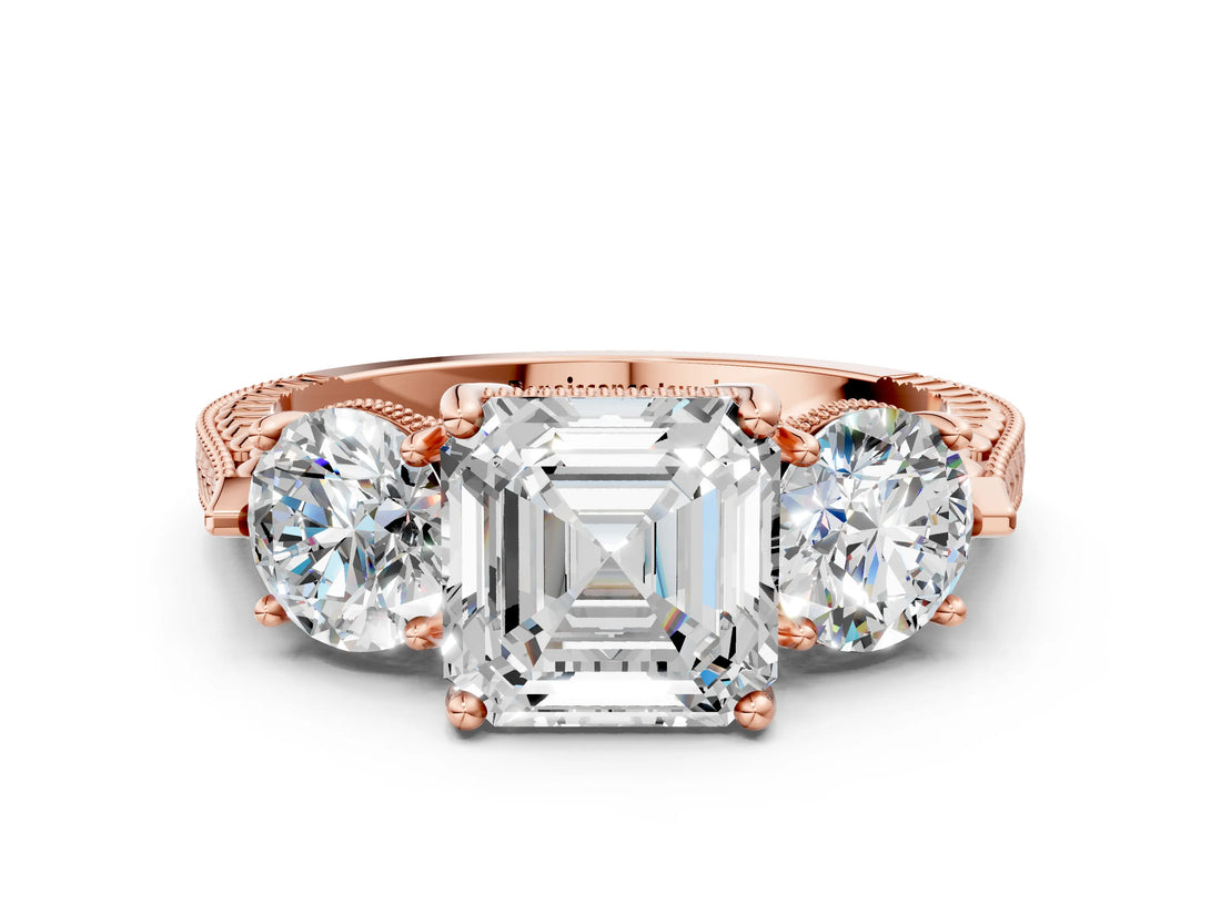 Rose gold Three-Stone Asscher Cut Cut Milgrain Band Prong Setting Ring_9