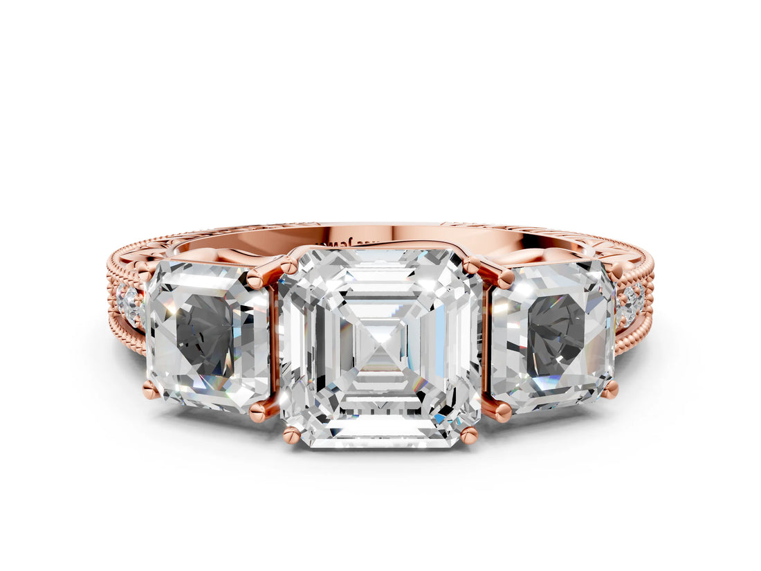 Rose gold Three-Stone Asscher Cut Cut Milgrain Pavé Engagement Ring_19