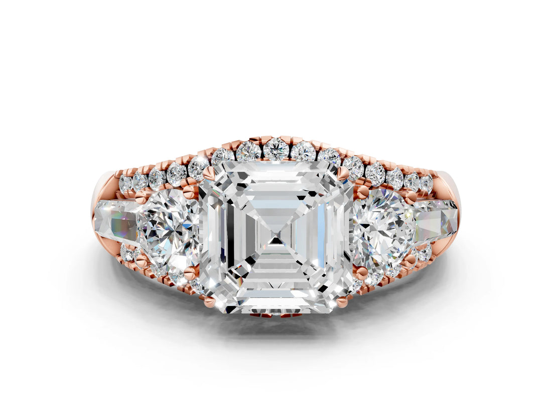 Rose gold Three-Stone Asscher Cut Diamond Engagement Ring with Pave Band and Prong Setting_18