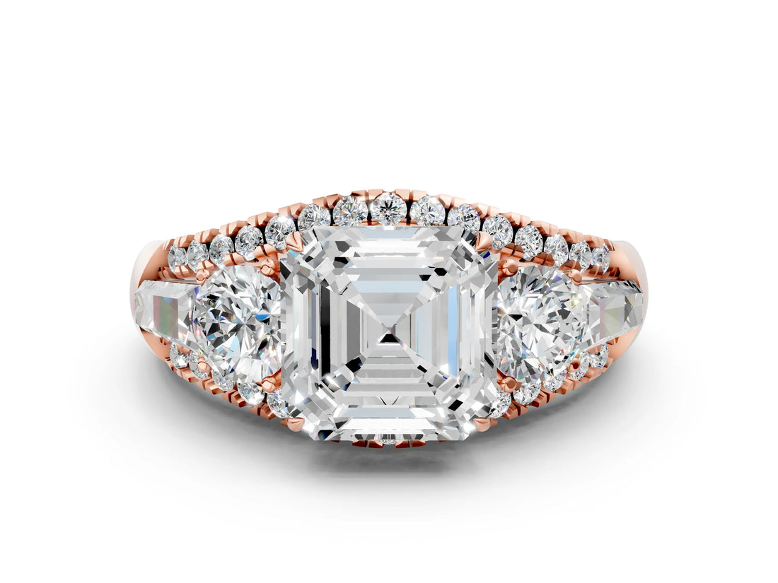 Rose gold Three-Stone Asscher Cut Diamond Engagement Ring with Pave Band and Prong Setting_6