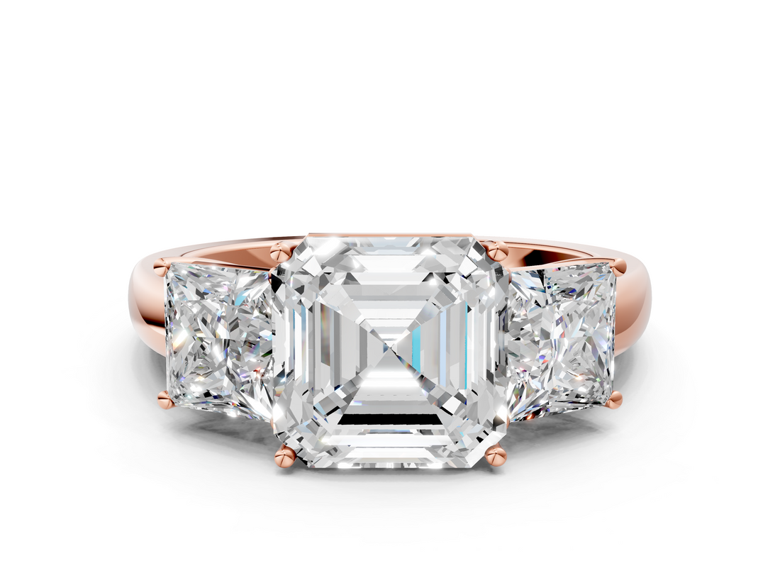 Rose gold Three-Stone Asscher Cut Diamond Ring with Channel-Set Band and Four-Prong Setting_40