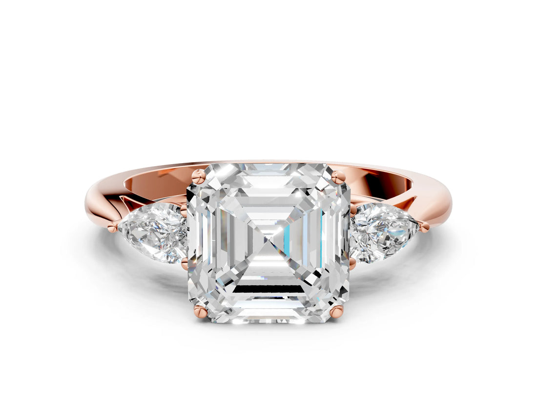 Rose gold Three-Stone Asscher Cut Diamond Ring with Pear  Side Stones in Four-Prong Setting_48