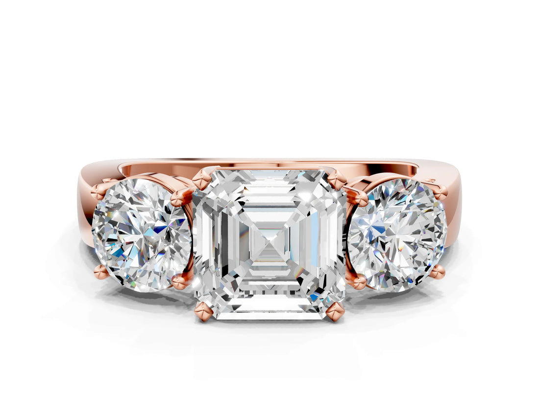 Rose gold Three-Stone Asscher Cut Diamond Ring with Round Side Stones, Classic Band, and Four-Prong Setting_3