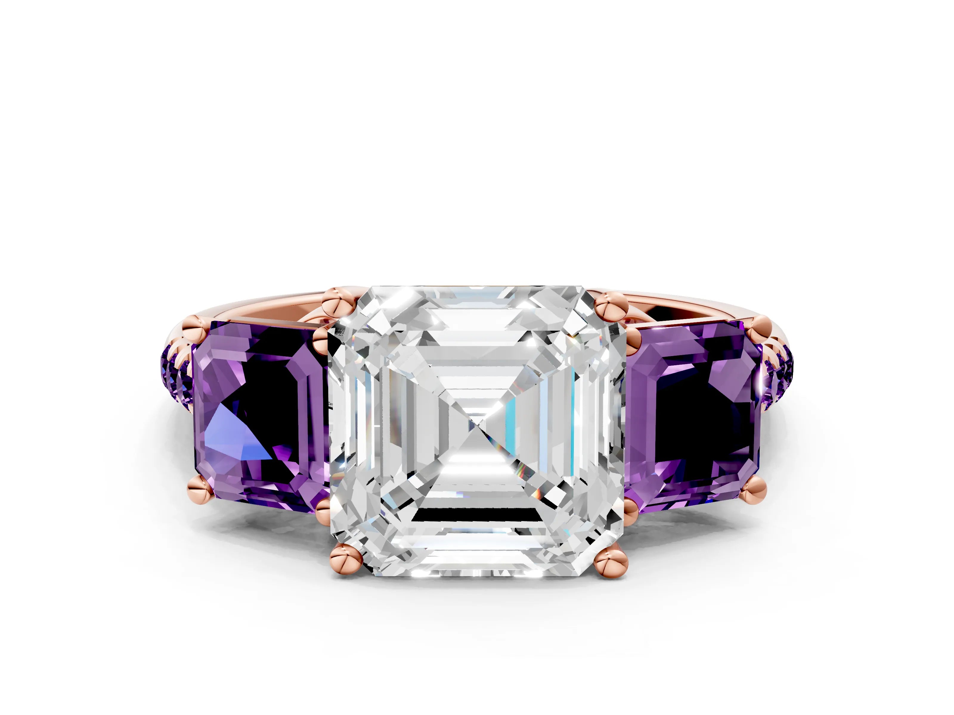 Rose gold Three-Stone Asscher Cut Diamond Ring with Round with Amethyst side stone Pavé Band and Prong Setting