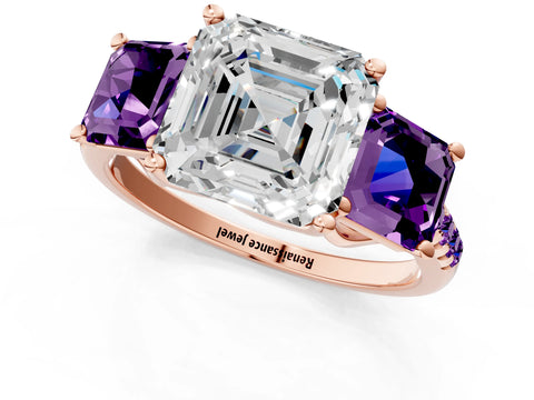 Rose gold Three-Stone Asscher Cut Diamond Ring with Round with Amethyst side stone Pavé Band and Prong Setting_1