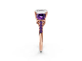 Rose gold Three-Stone Asscher Cut Diamond Ring with Round with Amethyst side stone Pavé Band and Prong Setting_2