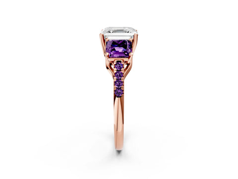 Rose gold Three-Stone Asscher Cut Diamond Ring with Round with Amethyst side stone Pavé Band and Prong Setting_2