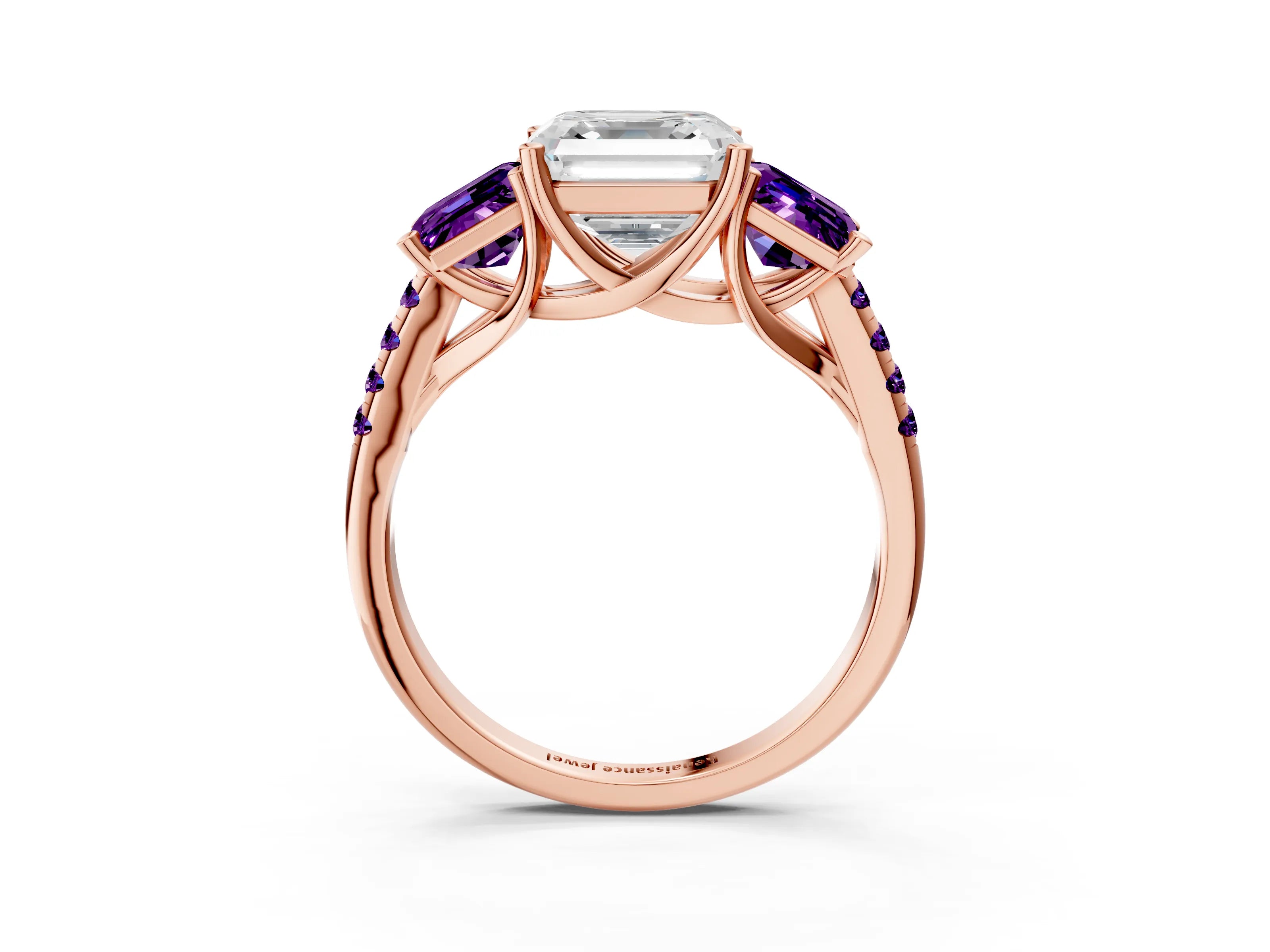 Rose gold Three-Stone Asscher Cut Diamond Ring with Round with Amethyst side stone Pavé Band and Prong Setting_3