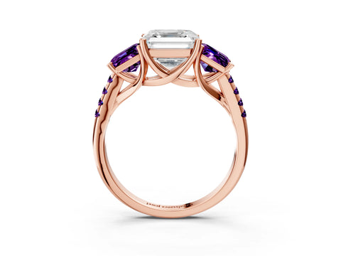 Rose gold Three-Stone Asscher Cut Diamond Ring with Round with Amethyst side stone Pavé Band and Prong Setting_3