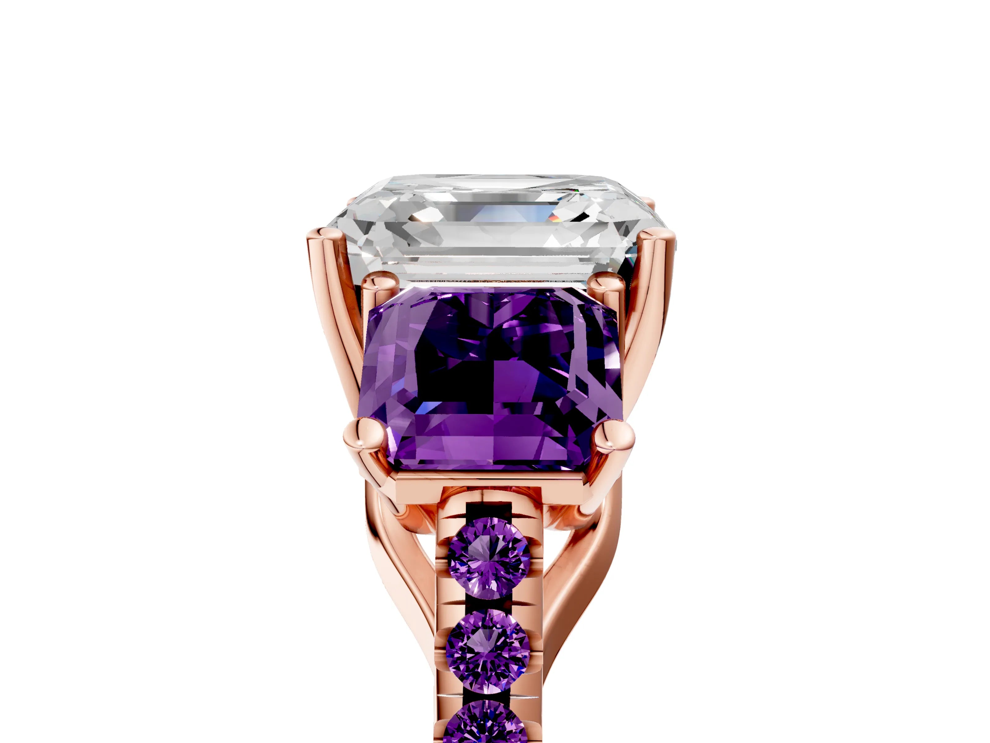Rose gold Three-Stone Asscher Cut Diamond Ring with Round with Amethyst side stone Pavé Band and Prong Setting_5