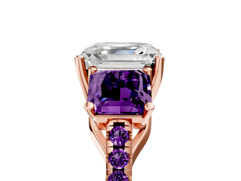 Rose gold Three-Stone Asscher Cut Diamond Ring with Round with Amethyst side stone Pavé Band and Prong Setting_5