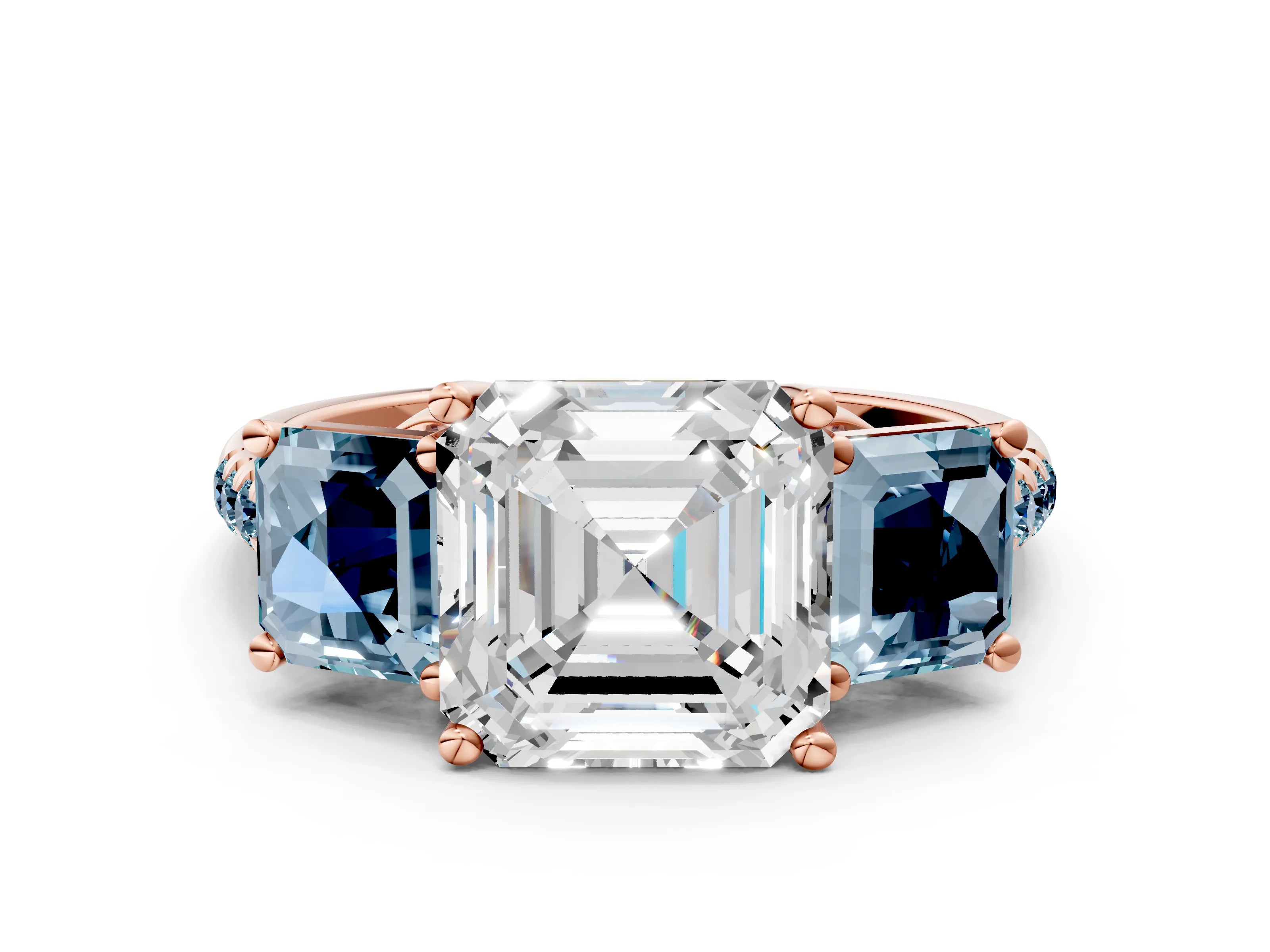 Rose gold Three-Stone Asscher Cut Diamond Ring with Round with Aquamarine side stone Pavé Band and Prong Setting