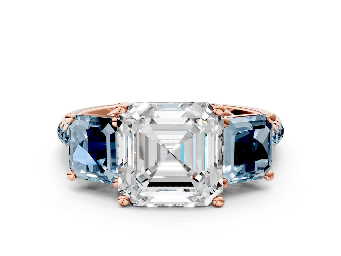 Rose gold Three-Stone Asscher Cut Diamond Ring with Round with Aquamarine side stone Pavé Band and Prong Setting