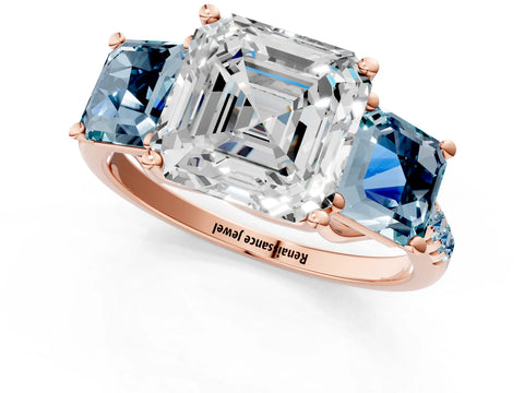 Rose gold Three-Stone Asscher Cut Diamond Ring with Round with Aquamarine side stone Pavé Band and Prong Setting_1