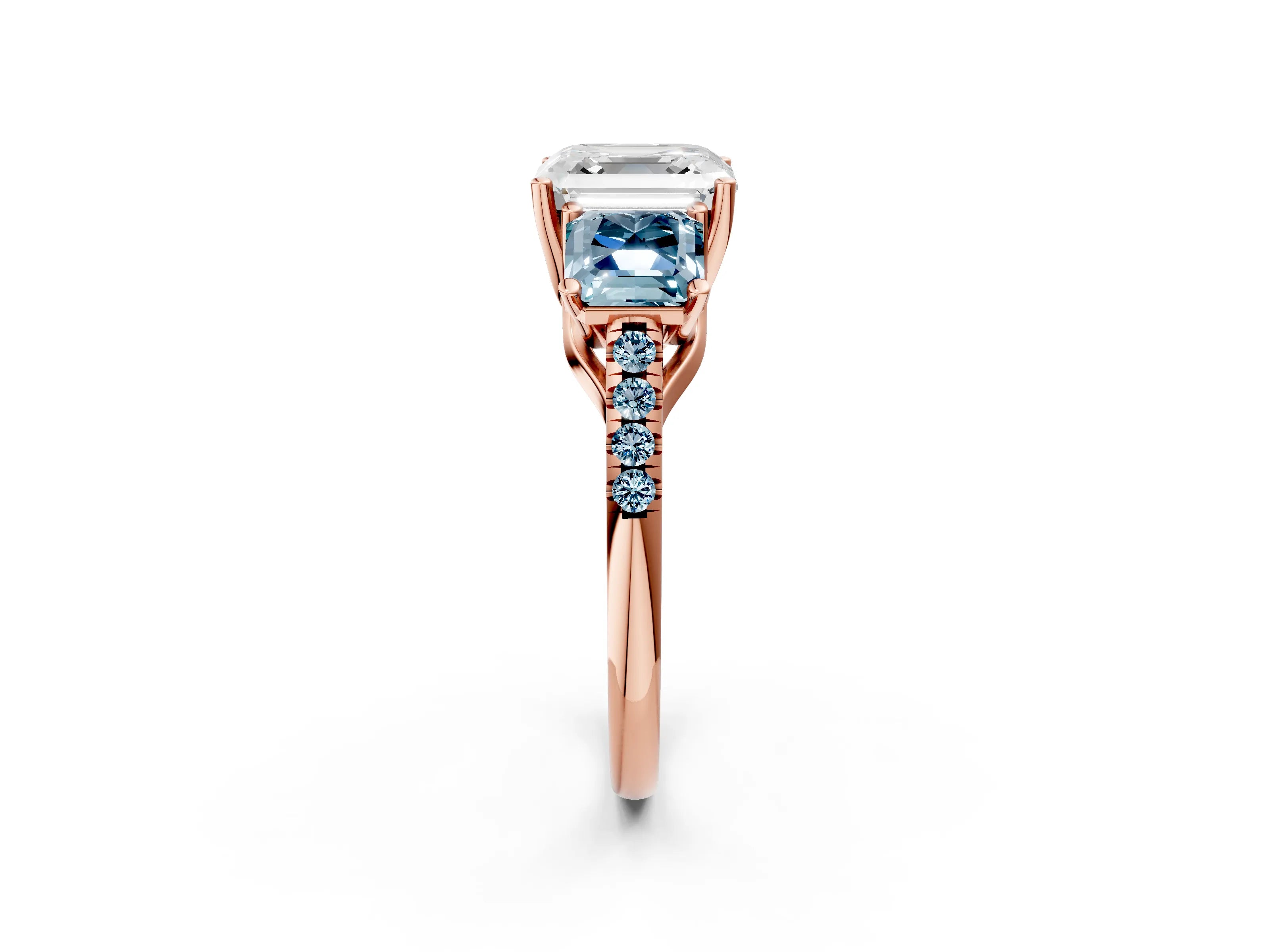 Rose gold Three-Stone Asscher Cut Diamond Ring with Round with Aquamarine side stone Pavé Band and Prong Setting_2