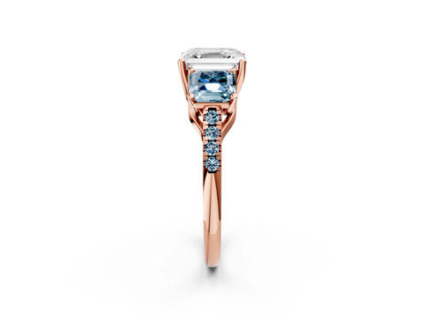 Rose gold Three-Stone Asscher Cut Diamond Ring with Round with Aquamarine side stone Pavé Band and Prong Setting_2