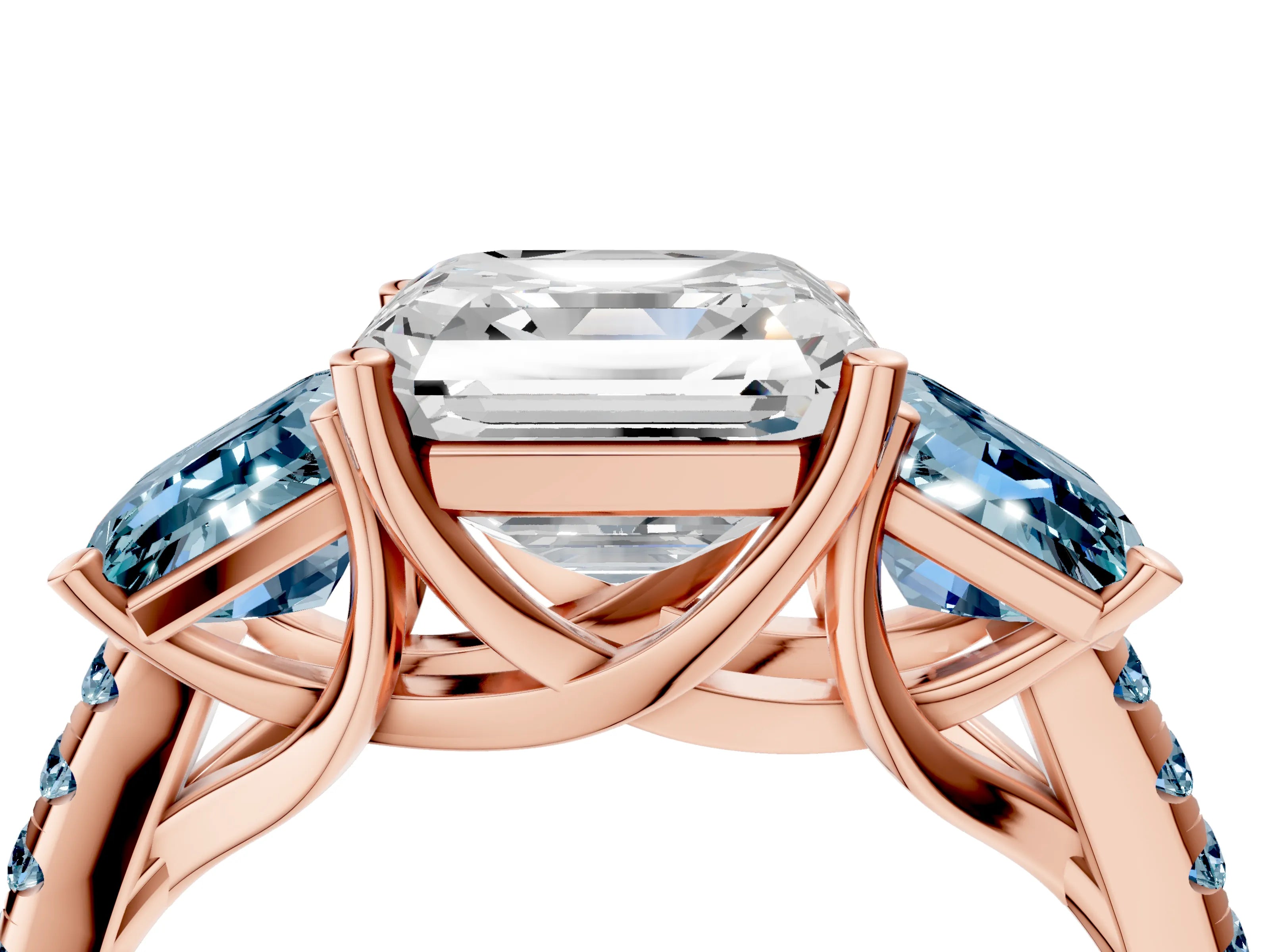 Rose gold Three-Stone Asscher Cut Diamond Ring with Round with Aquamarine side stone Pavé Band and Prong Setting_4