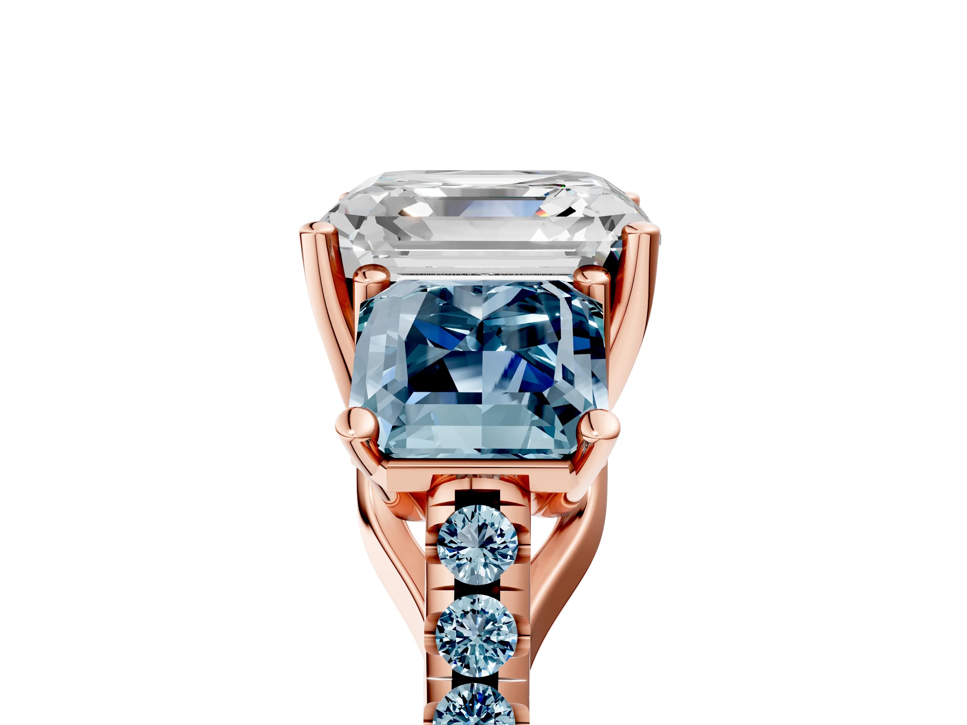 Rose gold Three-Stone Asscher Cut Diamond Ring with Round with Aquamarine side stone Pavé Band and Prong Setting_5
