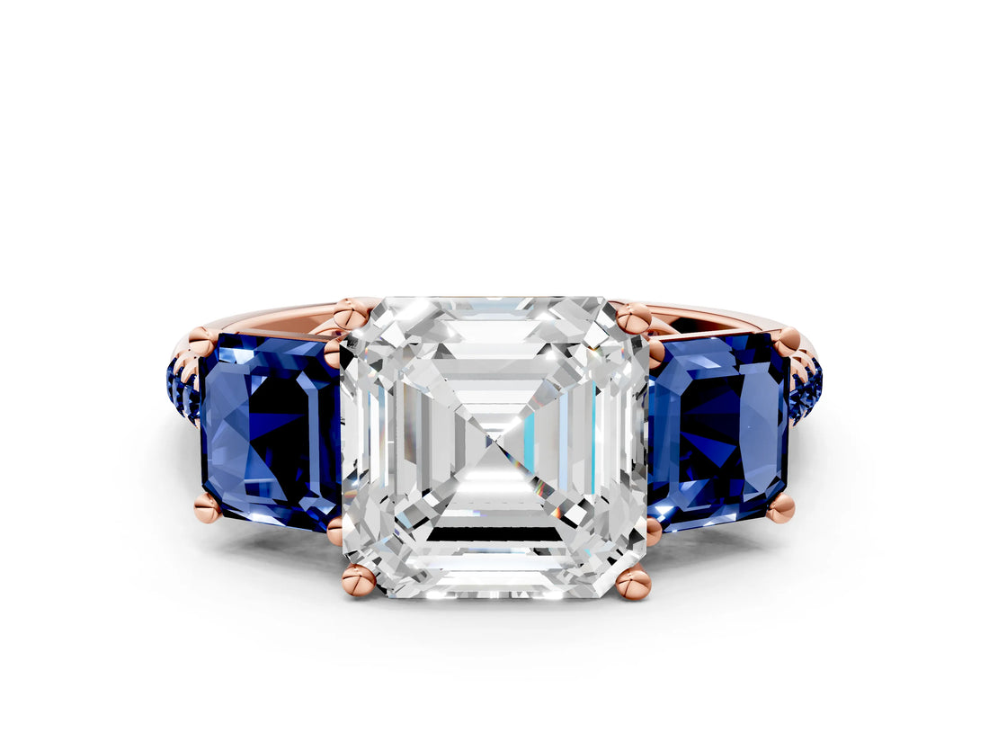 Rose gold Three-Stone Asscher Cut Diamond Ring with Round with Blue Sapphire side stone Pavé Band and Prong Setting
