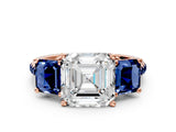 Rose gold Three-Stone Asscher Cut Diamond Ring with Round with Blue Sapphire side stone Pavé Band and Prong Setting
