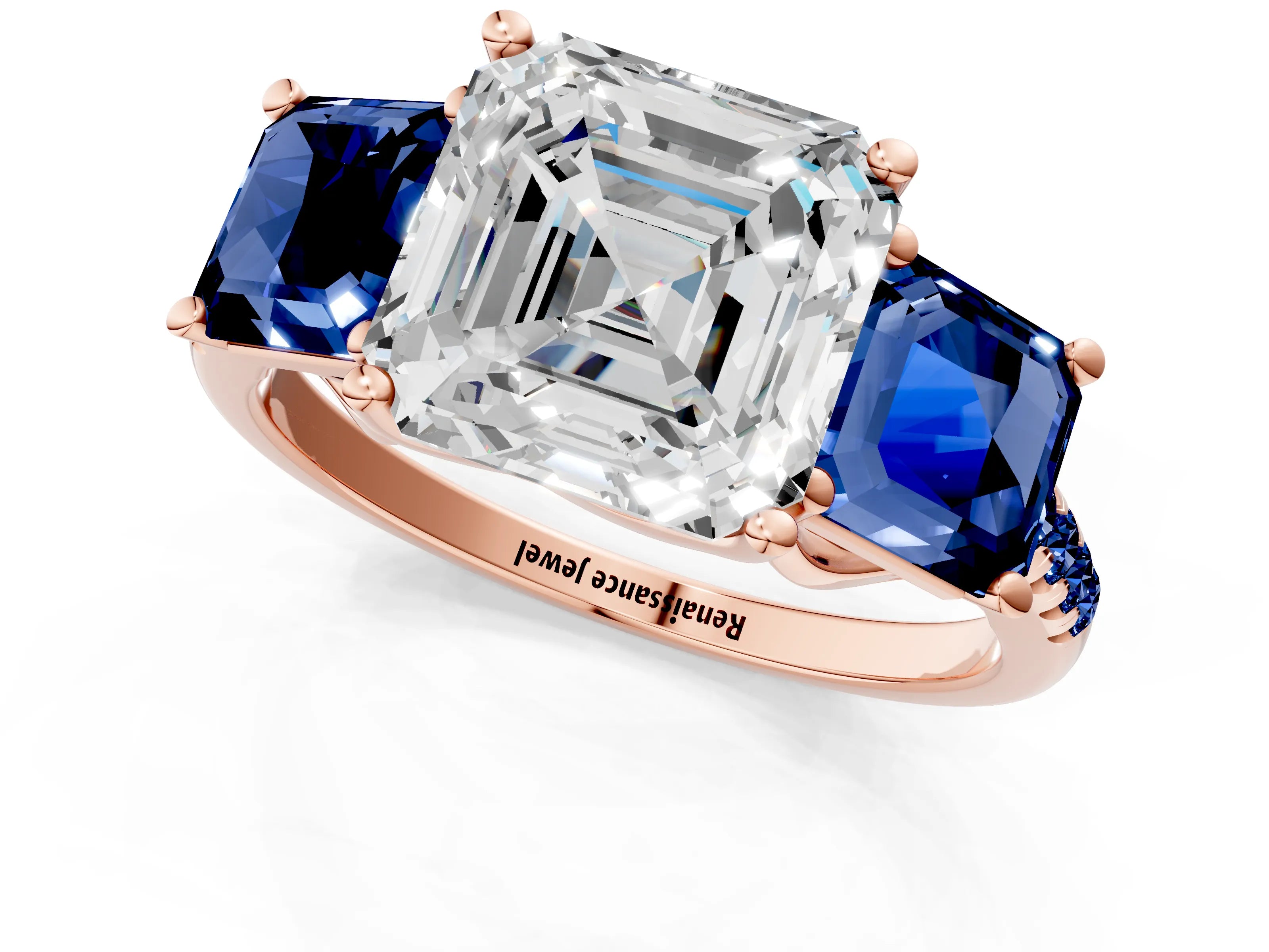 Rose gold Three-Stone Asscher Cut Diamond Ring with Round with Blue Sapphire side stone Pavé Band and Prong Setting_1