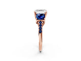 Rose gold Three-Stone Asscher Cut Diamond Ring with Round with Blue Sapphire side stone Pavé Band and Prong Setting_2