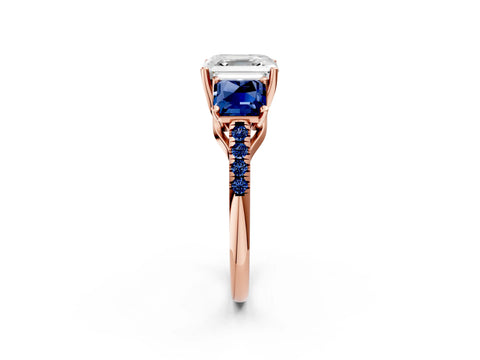 Rose gold Three-Stone Asscher Cut Diamond Ring with Round with Blue Sapphire side stone Pavé Band and Prong Setting_2
