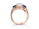 Rose gold Three-Stone Asscher Cut Diamond Ring with Round with Blue Sapphire side stone Pavé Band and Prong Setting_3