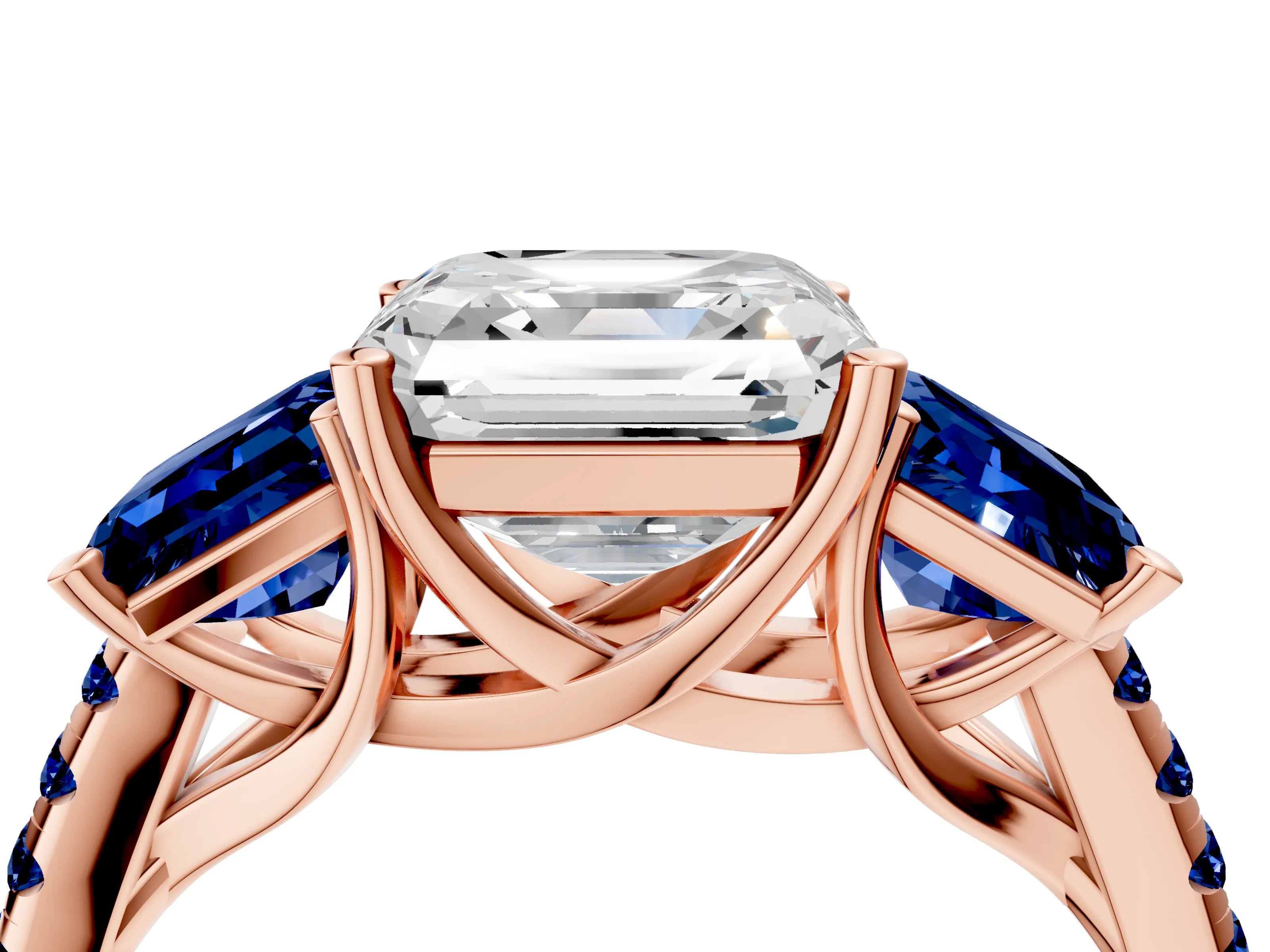 Rose gold Three-Stone Asscher Cut Diamond Ring with Round with Blue Sapphire side stone Pavé Band and Prong Setting_4