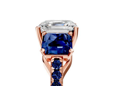 Rose gold Three-Stone Asscher Cut Diamond Ring with Round with Blue Sapphire side stone Pavé Band and Prong Setting_5